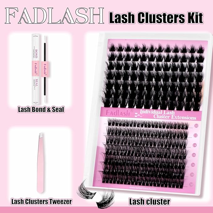 FADLASH Lash Extension Kit Lash Clusters Kit 10-18mm Eyelash Cluster Lashes with Lash Bond and Seal Lash Tweezers DIY at Home (KLS242+CLS015-07D-10-18 Kit)