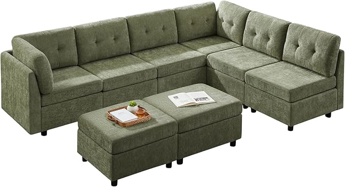 VANOMi 118 Inch Cloud Modular Sectional Sofa, 8 Seater Cloud Sectional Sofa Bed, Chenille Sofas & Couches for Living Room, Apartment, Office, Green