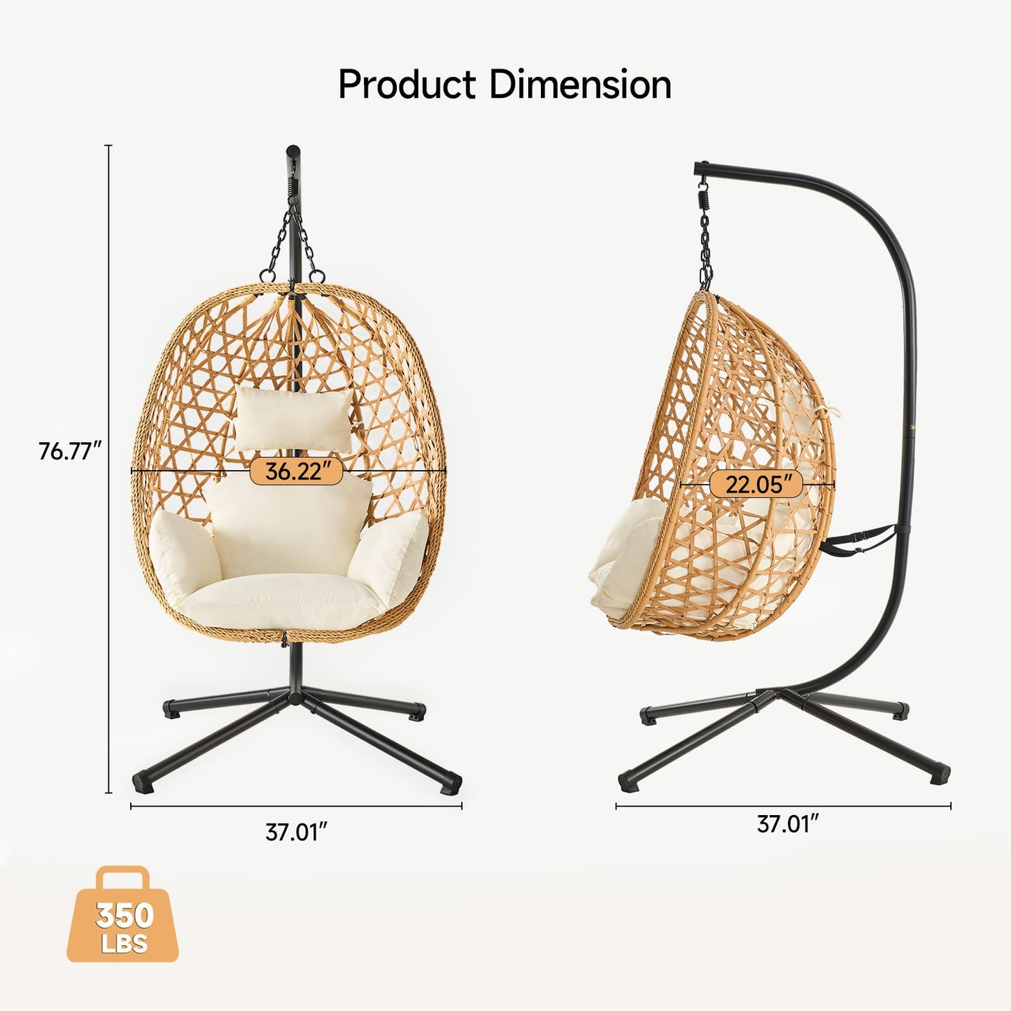 ONBRILL Egg Chair with Stand, Wicker Rattan Swing Hammock Chair with Fine Lace & Cushion, Hanging Chair with Double Chains, 350LBS Capacity for Outdoor & Indoor Patio, Porch, Bedroom, Balcony (Beige)