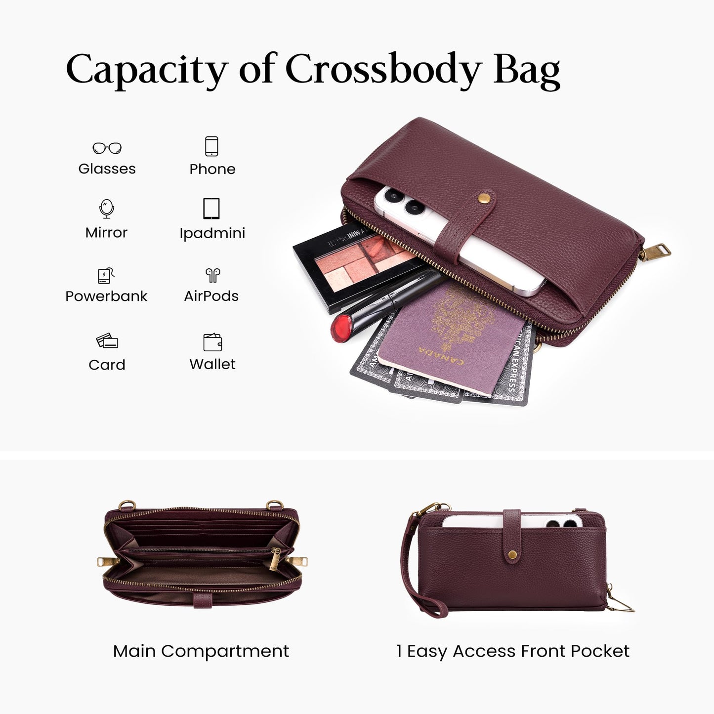 befen Genuine Leather Clutch Purse for Women Burgundy Purse with Built in Wallet RFID Wristlet Wallets Cell Phone Crossbody Travel Soft Real Leather Crossbody Bags Small Wristlet Clutch with 2 Straps