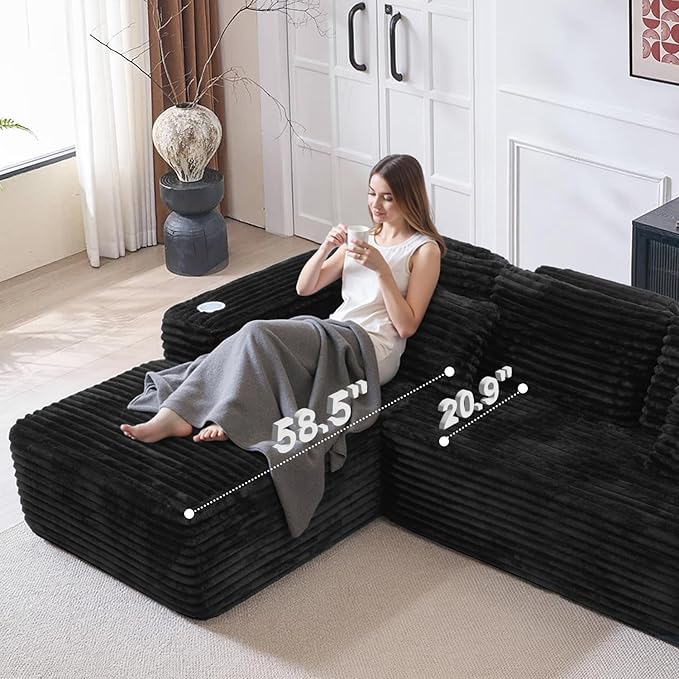 Cloud Sectional Couch with L-Shape Chaise, Modern Modular Sofa with Deep Seat, Built-in Cup Holder & Storage Pocket for Living Room Bedroom, No Assembly Required (Black, Right Sitting Chaise)