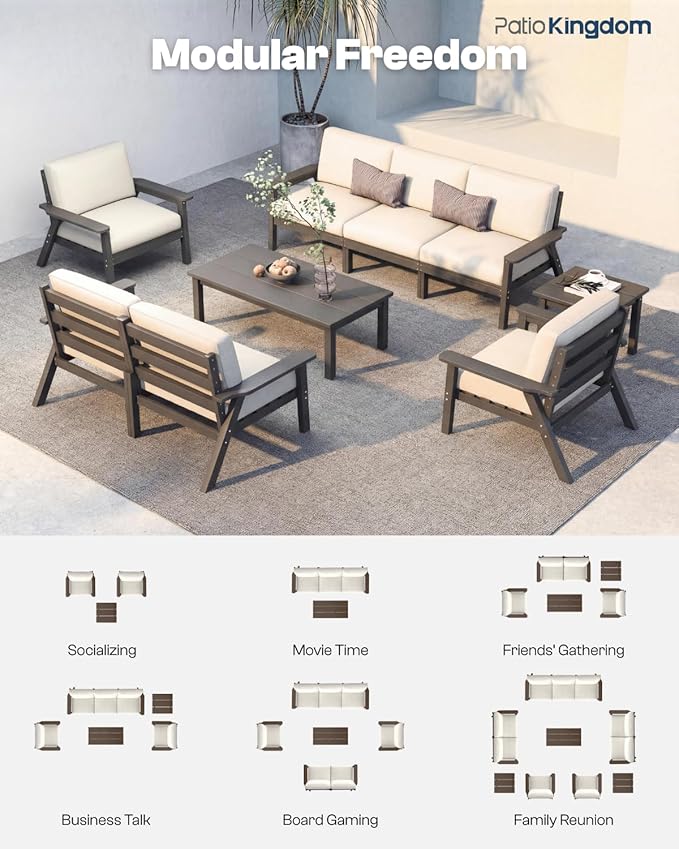 Patio Kingdom Patio Furniture Set 3 Seats, HDPE Outdoor Sectional with Washable Beige Thick Cushions, Coffee Table & Side Table, Patio Conversation Sets for Lawn, Garden, Porch, Balcony (Grey Frame)