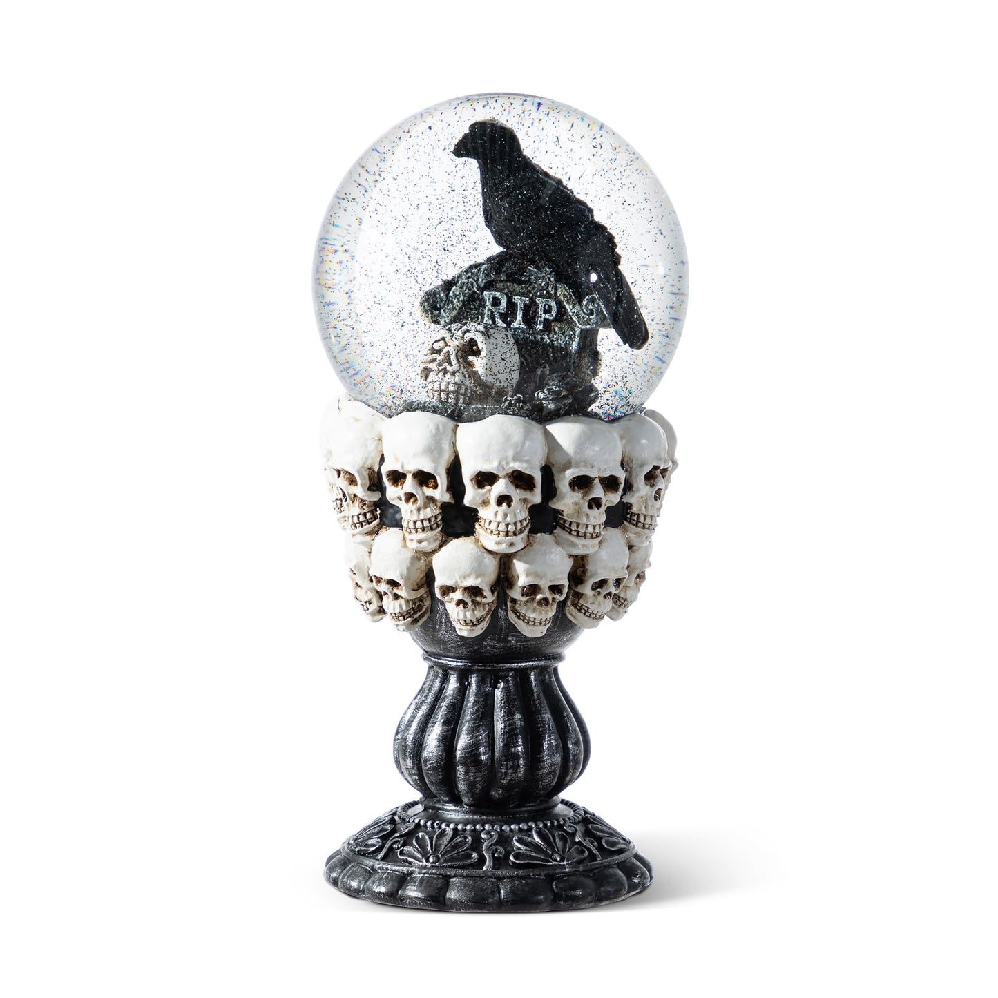 Glitzhome 100MM Halloween Stacked Skull Water Snow Globe, 7.25''H Poly Resin Stacked Skull Raven Waterglobe for Halloween Decor, Gothic Home Decoration, Spooky Gift, and Holiday Tabletop Decoration