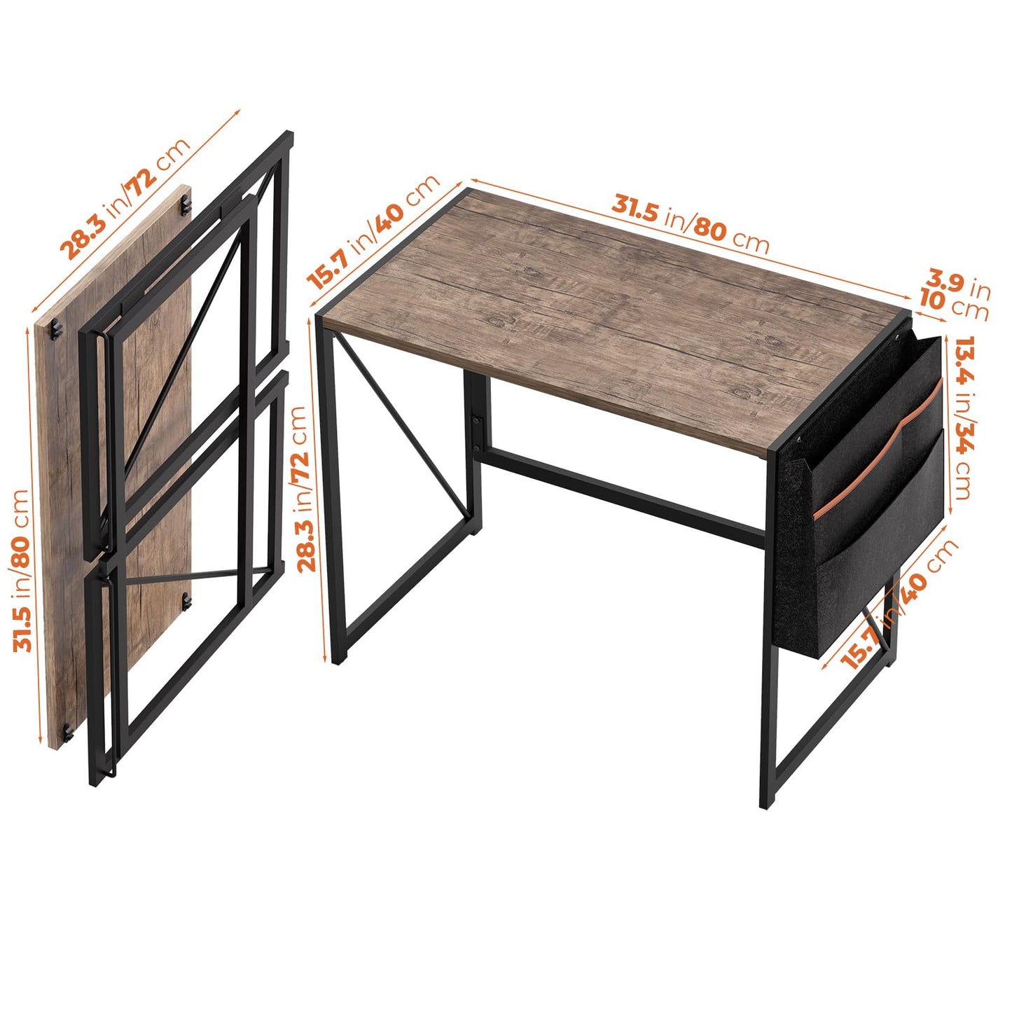SOROGRA Folding Desk with Storage Pocket for Small Spaces, 31.5 Inch Foldable Desk with Headphone Hook for Bedroom Home Office, Portable Writing Table, Easy Assembly, Brown