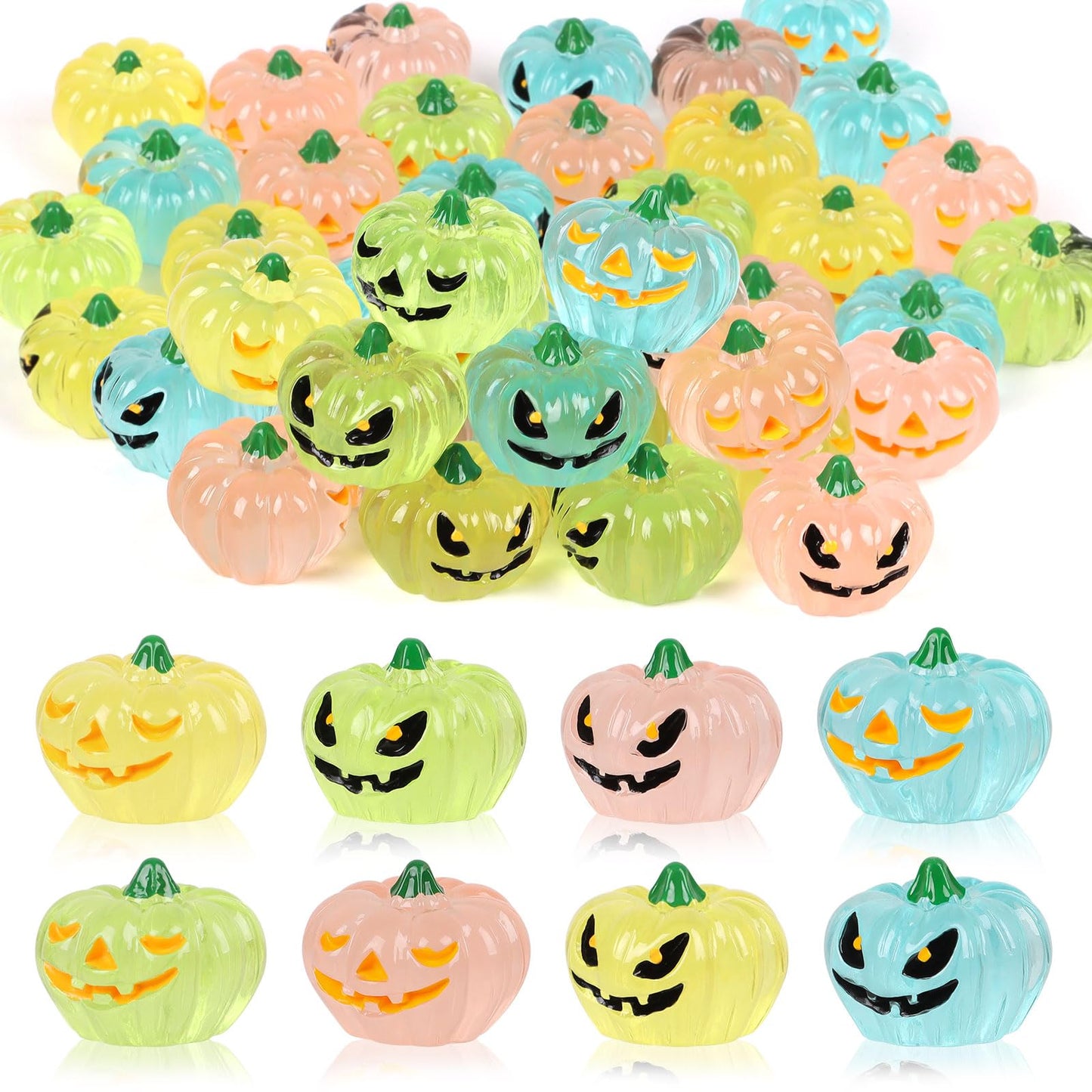 CCINEE 40Pcs Glow in The Dark Mini Pumpkins Halloween Luminous Miniature Pumpkins Halloween Mini Resin Decorations for Fall Halloween Party Gifts Home Cake Decoration