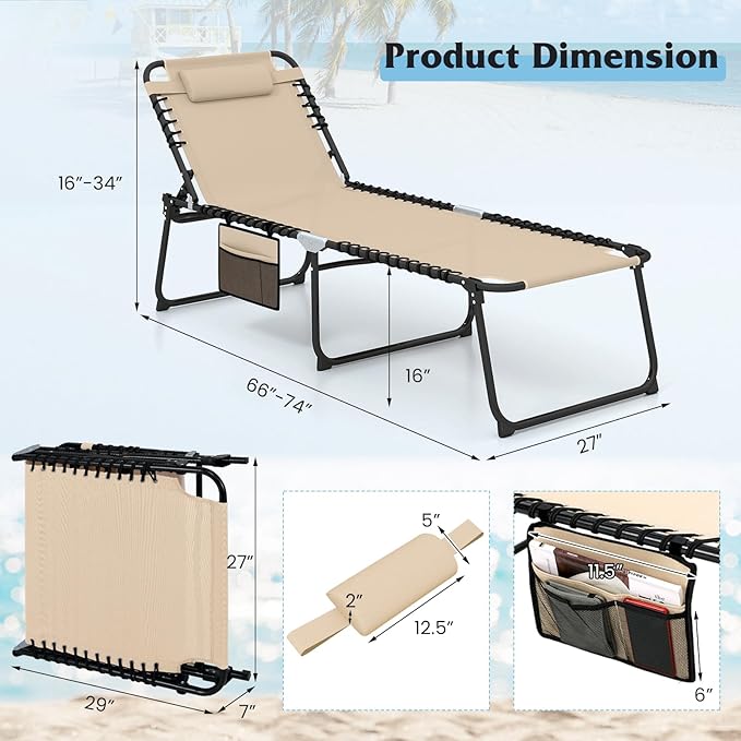 GYMAX Lounge Chair for Outside, 440lbs 27” Oversize Folding Beach Tanning Sunbath Chair with Adjustable Backrest & Removable Pillow, Lightweight Portable Patio Lounger for Lawn Poolside (Sand,1)