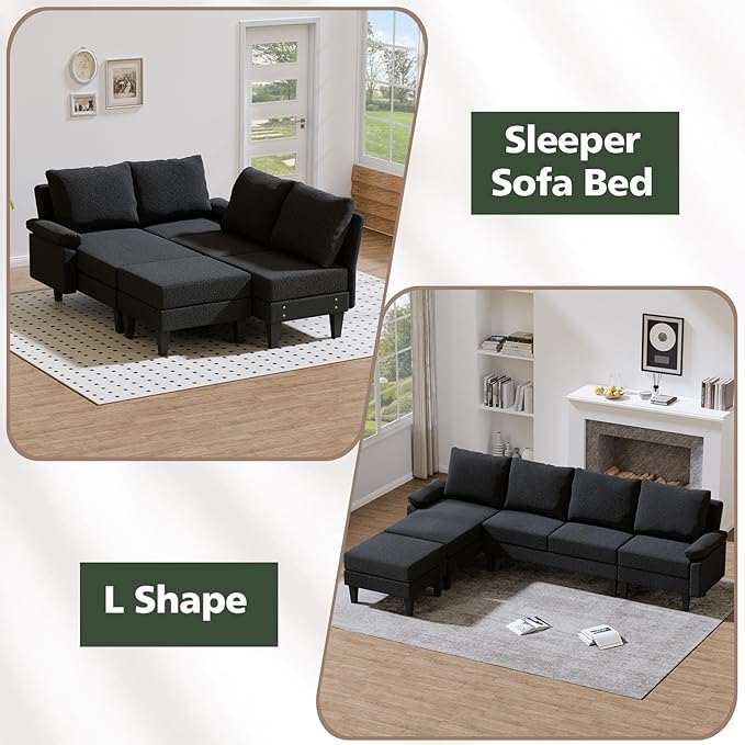 Topcomfy U-Shaped Sectional Couches for Living Room, Convertible 4 Seat Modular Sectional Sofa Set with Ottoman, Modern L Shaped Couch with Chaise for Bedroom Apartment and Office, Chenille Black Gray