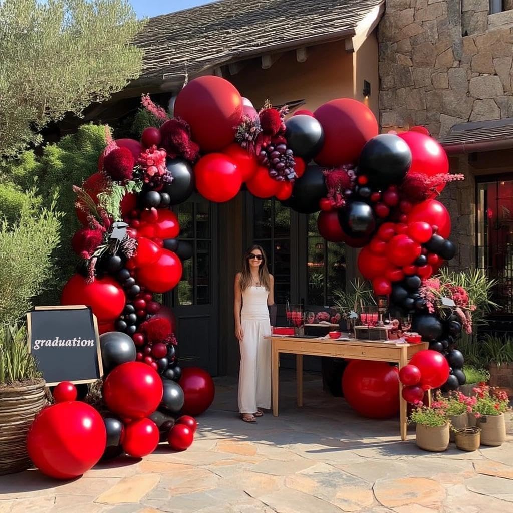 Black Red Balloon Garland Double Stuffed Burgundy Black Balloons Maroon Ruby Red Balloon Arch for Birthday Wedding Halloween Graduation Love Christmas Party Decorations