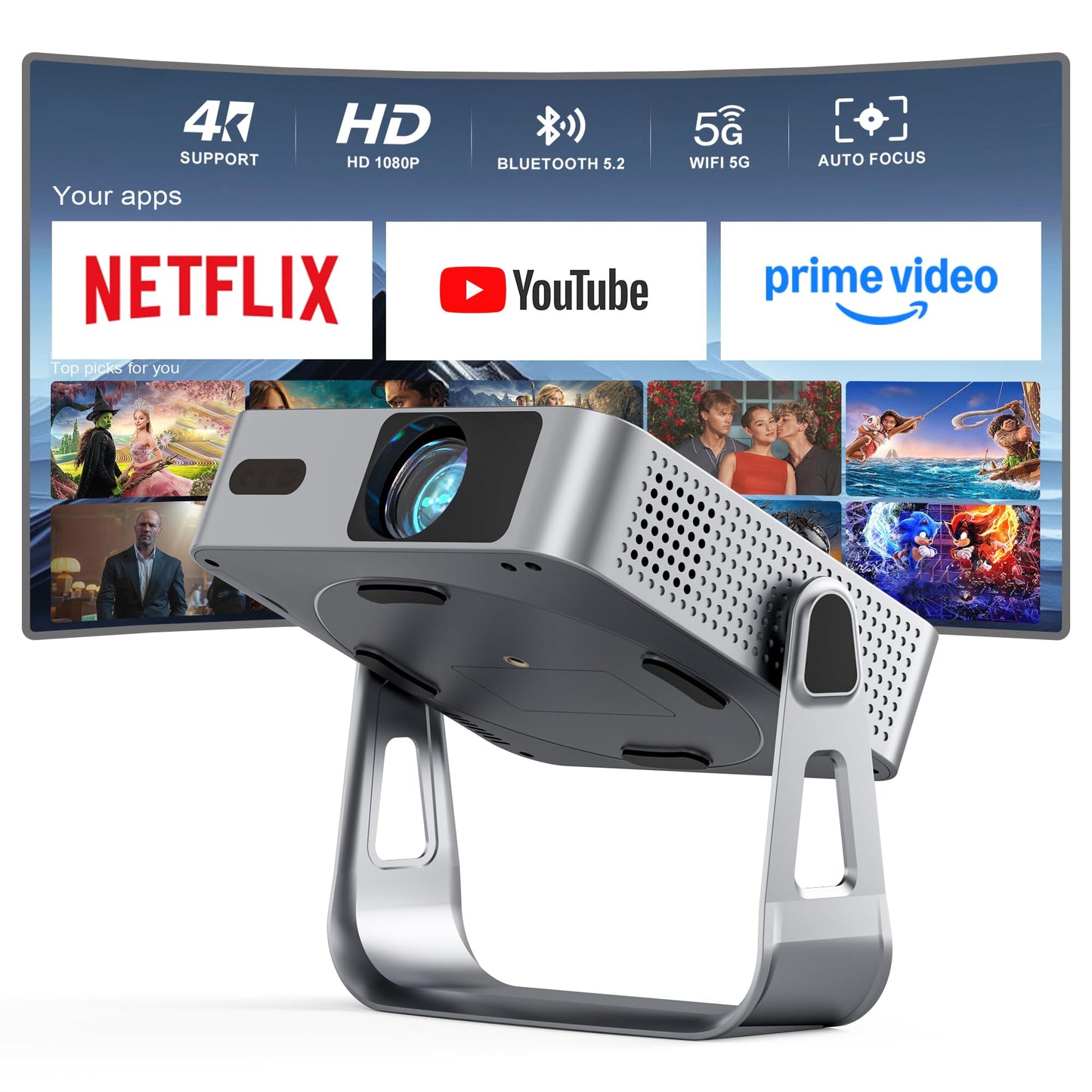 【Officially-Licensed APP & 1800ANSI】Smart Mini Projector with WiFi and Bluetooth, VISSPL Native 1080P Auto Focus & Keystone Portable Outdoor Projector, 4K Support Home Movie Projector Sliver