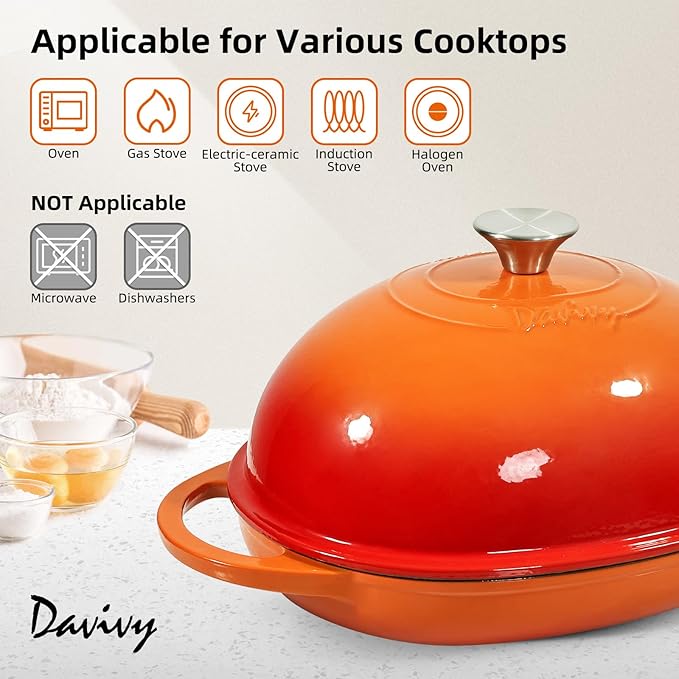 Davivy 6QT Oval Bread Oven with Domed Lid, Enameled Oval Dutch Oven Pot for Sourdough Bread Baking 6QT, Non-stick Cast Iron Sourdough Pan Bread Cloche with Lid - Flame Orange