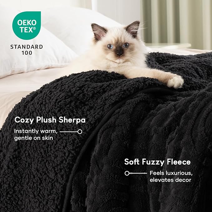 Cottonblue Jacquard Weighted Blanket for Adults 15 lbs Queen Size, Cozy Fluffy Sherpa Fleece Weighted Throw Blankets 60" x 80" for Sleep Relax, Fuzzy Warm Arch Heavy Blanket Soft for Bed Couch, Black