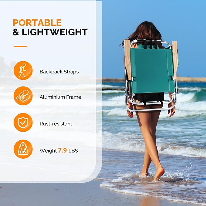 VINGLI Aluminum 13" Backpack Beach Chair – Tall Beach Chairs for Adults, Portable with Adjustable Straps, 3-Position Reclining, Cup Holder, High Lightweight Beach Chairs for Beach