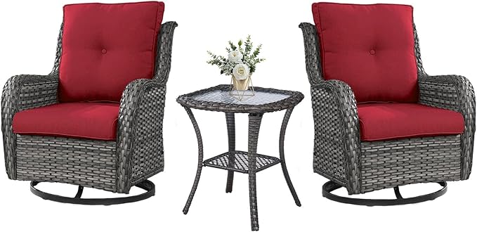 Belord Outdoor Swivel Rocker Wicker Chairs Set of 3, High Back Swivel Patio Chairs Wicker Furniture Set, 2 PCS Rattan Swivel Rocking Chair with Side Table, Red Cushion