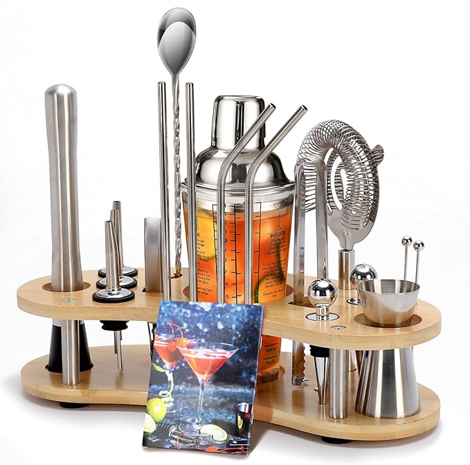 Cocktail Shaker Set,19-Piece Bartender Kit with Stand,Bar Tool Set:Martini Shaker,Jigger,Ice Strainer,Corkscrew,Mixer Spoo...