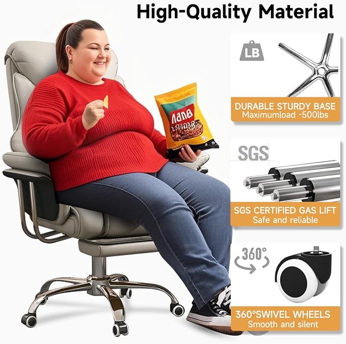 HDHNBA Big and Tall Office Chair 550 lbs Extra Wide Leather Executive Chair with Retractable Footrest, Heavy-Duty Ergonomic Chair, Adjustable Height Computer Gaming Chairs