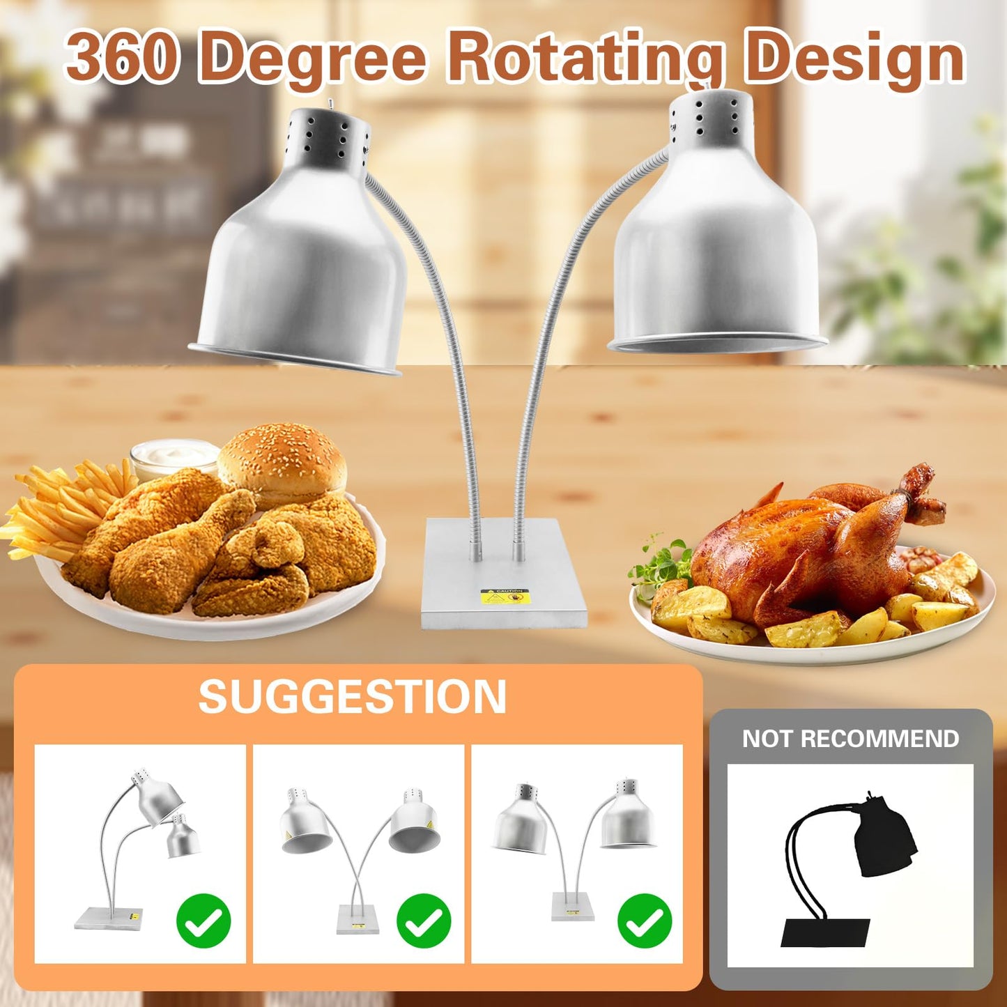 Commercial Head Food Heat Lamp, FUXULLACO Portable Electric Food Warmer 3-Bulb 550W Electric Warming Lights for Food Service Restaurant Buffet Kitchen (Silver)