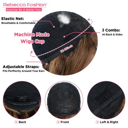 Rebecca Fashion 18 Inch Body Wave Wig with Bangs Human Hair Wigs for Black Women None Lace Front Wigs 10A Brazilian Virgin Hair Glueless Machine Made Wig Highlight Brown Blonde Color