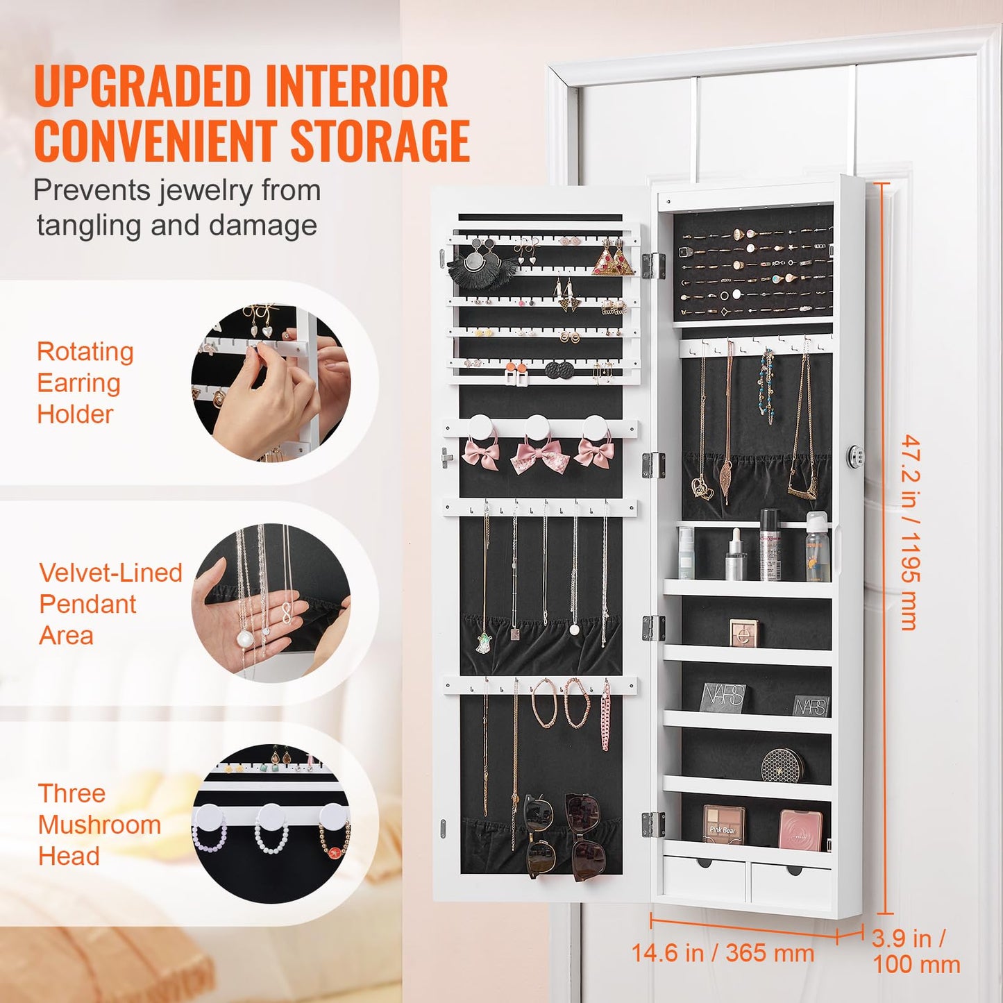 VEVOR Mirror Jewelry Cabinet, 47.2-Inch Tall Lockable Jewelry Armoire with Full-Length Mirror, Wall/Door Mounted Organizer with LED Lights and Velvet Lining, White