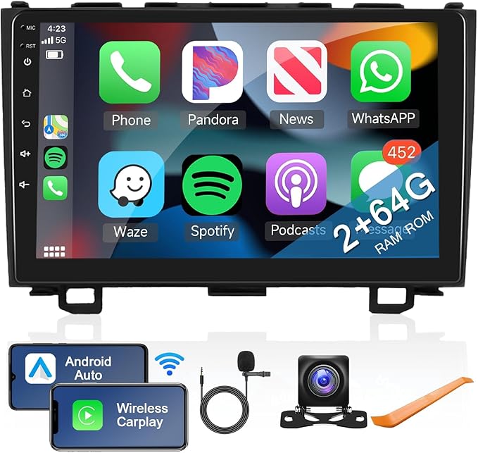 2+64G for Honda CRV 2007-2011 Android Car Stereo with Wireless Carplay/Android Auto, 9 Inch Touchscreen Bluetooth Car Radi...