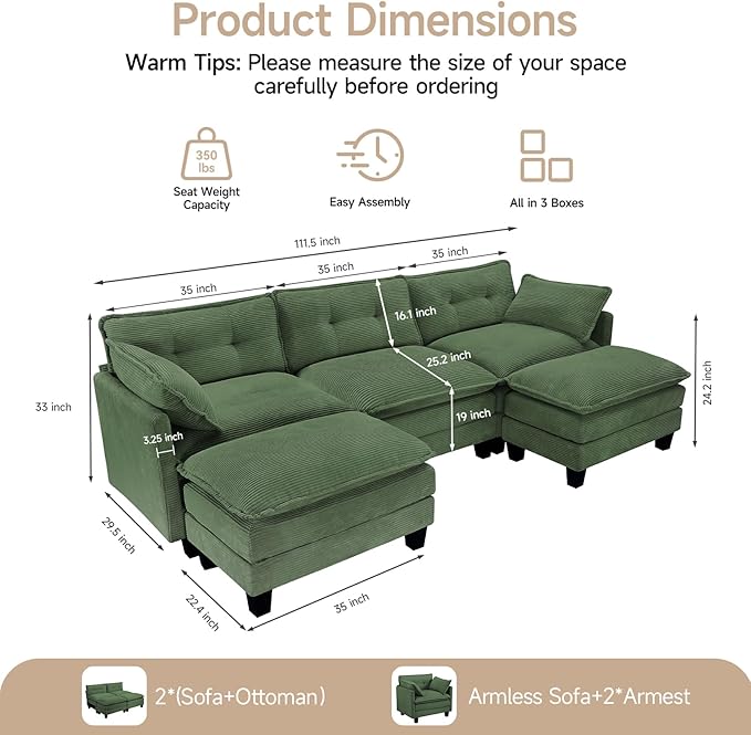 Amsleekey Modular Sectional Sofa, 111.5" U-Shaped Corduroy Comfy Sectional Couches for Living Room, 3-Seater Cloud Couches with 2 Movable Ottomans, Flexible Combination Modern Deep Seat Sofa (Green)