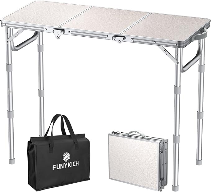 FUNYKICH 3ft Folding Camping Table with 3 Adjustable Height, 34.2'' Lx15.7'' W Portable Picnic Tables, Lightweight Aluminu...