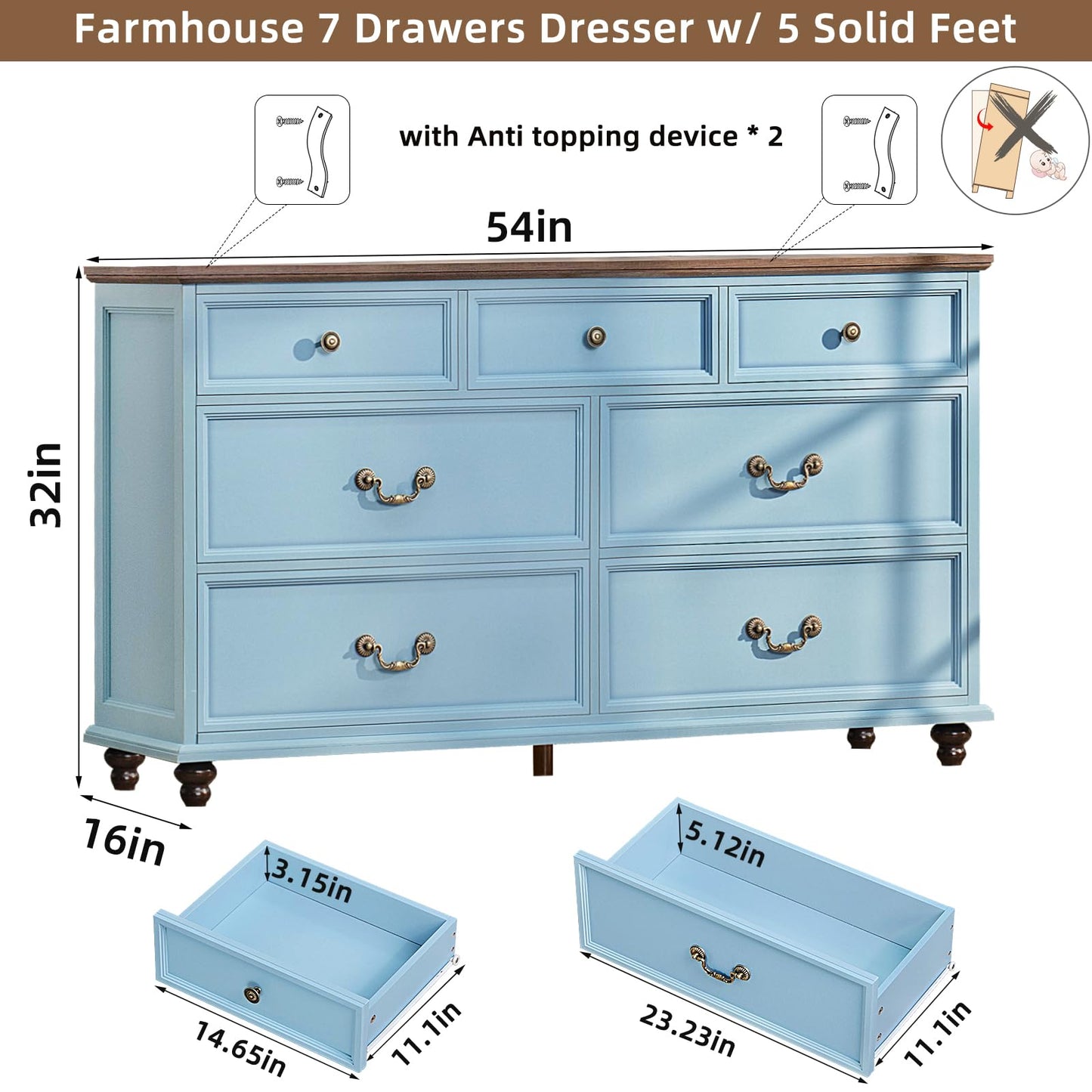 Joaxswe Farmhouse Dresser and Nightstand Sets 3 Piece, Nightstands Set of 2 and 7 Drawers Dresser for Bedroom, 54" Wide Dresser and 24" Inch Night Stand Set for Bedroom, Living Room, Hallway