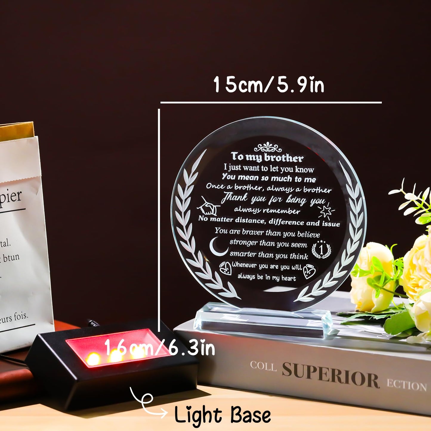 Cool Birthday Gifts for Brother Crystal Keepsake Presents with LED Light Base for Table Home Decor Adult Brother's Graduation Wedding Christmas Gifts from Sisters Brothers