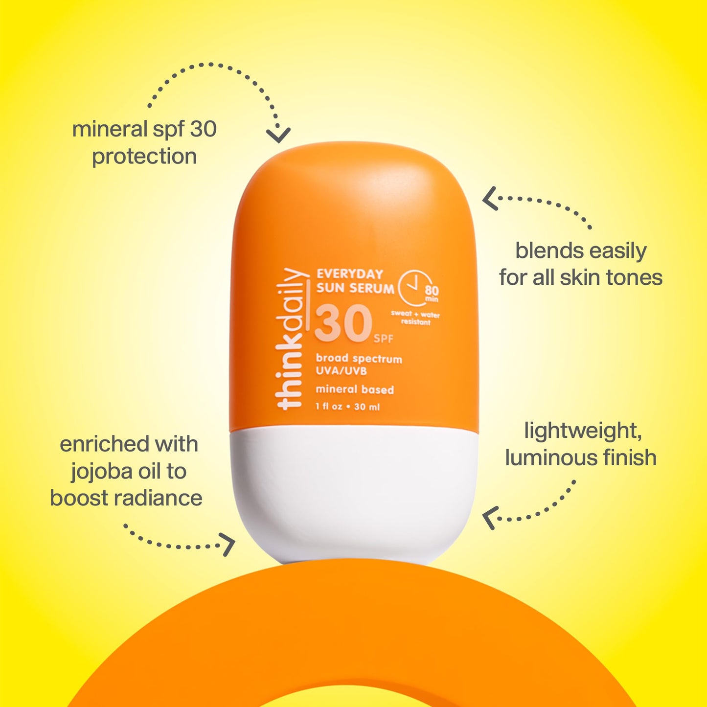 Thinkdaily SPF 30 Sunscreen, Everyday Sun Serum for Face, 1 Fl Oz, Zinc Oxide Mineral Sunblock, UVA/UVB Protection, Hydrating Jo
