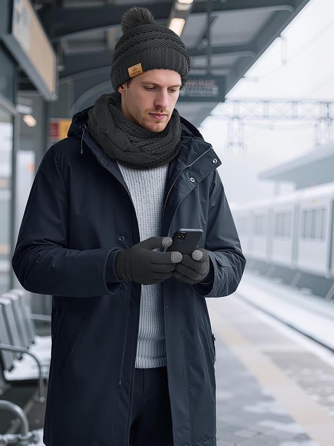 URATOT 4-In-1 Winter Warm Sets Knitted Scarf Touch Screen Gloves Beanie Pompom Hat and Winter Ear Warmer for Men or Women