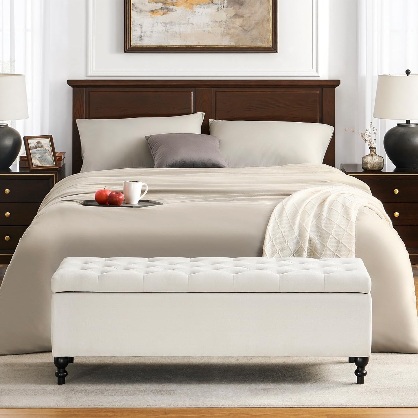 kinmars Ottoman with Storage,50.2-inch Upholstered End of Bed Storage Bench for Bedroom,for The Living Room,for Entryway, with Button and Safety Hinges,Detachable (White)
