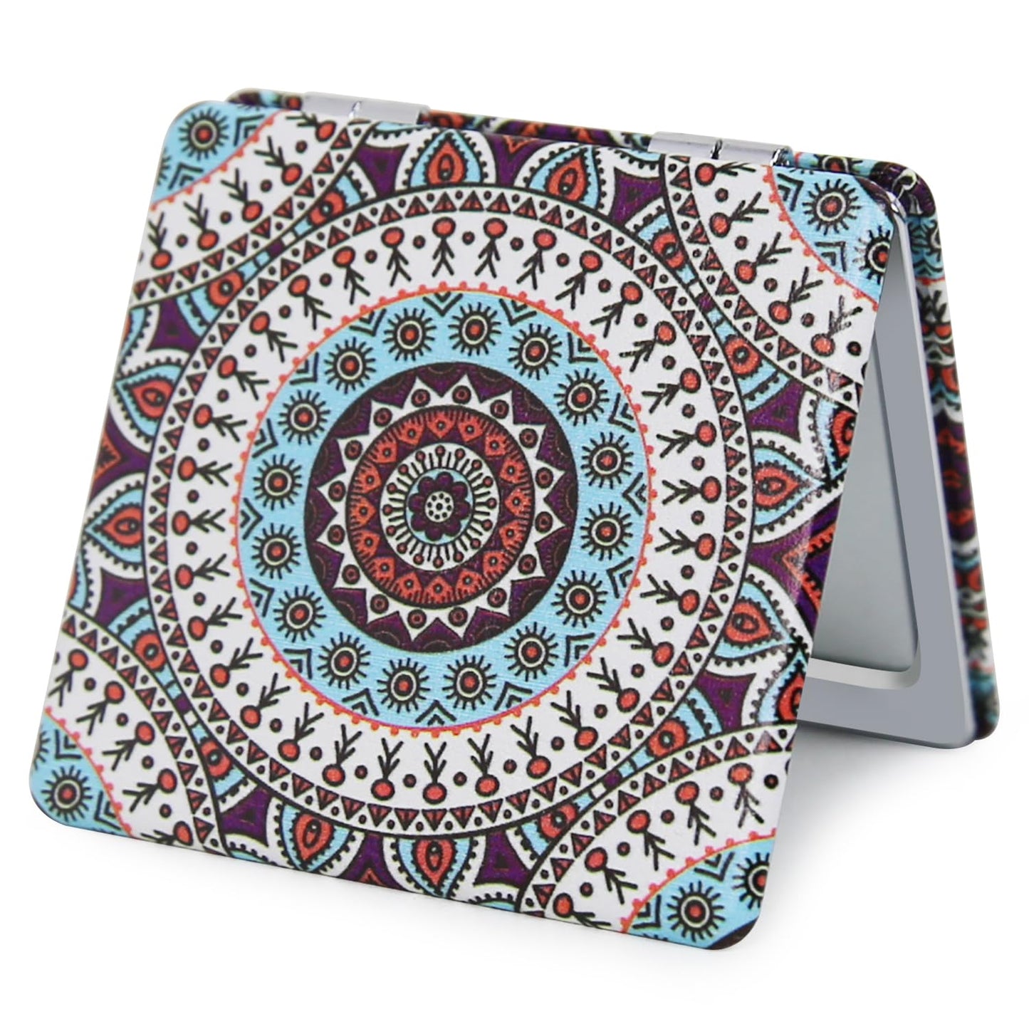 PDOZV Pocket Mirror for Women, Square 2.8    Metal Frame PU Ethnic Style Double Sided Mini Magnifying 1X/3X Mirror for Purse Com