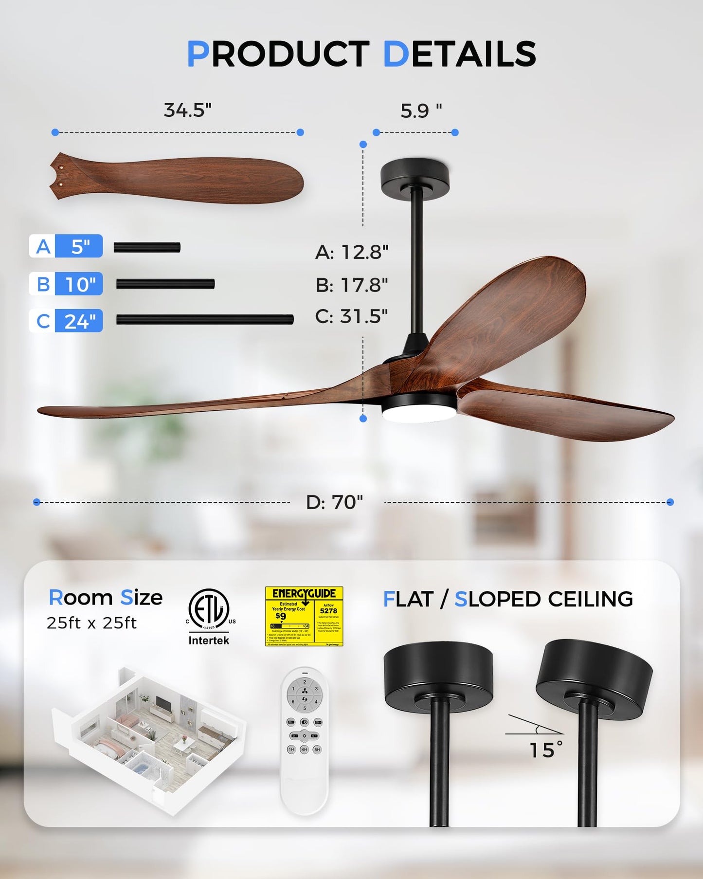 JAZAVA 70 Inch Modern ABS Ceiling Fan with Lights and Remote, DC Motor Large Ceiling Fan, 3CCT Dimmable LED Indoor Outdoor Ceiling Fan for Living Room, Patio & Covered Porch, ZCCF08WD-70