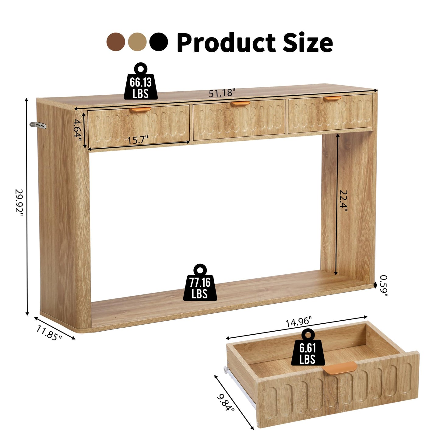 affeivul Entryway Table with Storage, Narrow Console Table with 3 Drawers, Boho 51.18' Couch Table Behind Sofa Skinny Long for Living Room TV, Hallway Entrance Entry Foyer