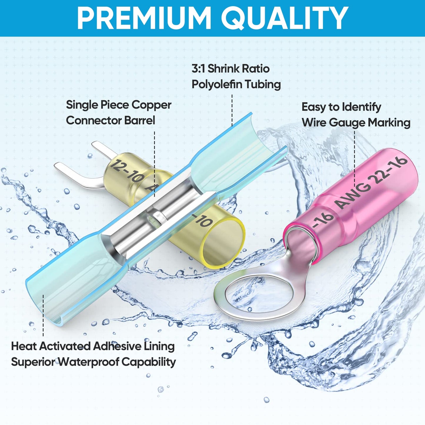 TICONN 120Pcs Heat Shrink Wire Connectors, Waterproof Automotive Marine Electrical Terminals Kit, Crimp Connector Assortment, Ring Fork Spade Butt Splices