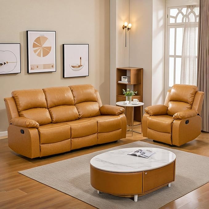 JBXBER Manual Recliner Sofa Set for Living Room, Leather Reclining Sofa Sets, Faux Leather Couch Set with Cup Holders, Drop-Down Table and Storage Console(Sofa and Chair,Ginger)
