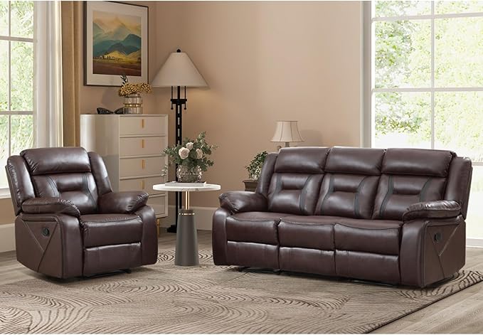 EBELLO Faux Leather Recliner Sofa Furniture Set for Living Room, 2 Recliner Chairs, 3 Seat Recliniing Sofa Couch Set for Meeting Room, Dark Brown