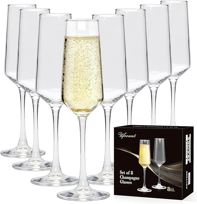 Ufrount Champagne Glasses Set of 8,Elegant 8oz Champagne Flutes,Clear Sparkling Champagne Flutes Glass Mimosa Glass for Pr...