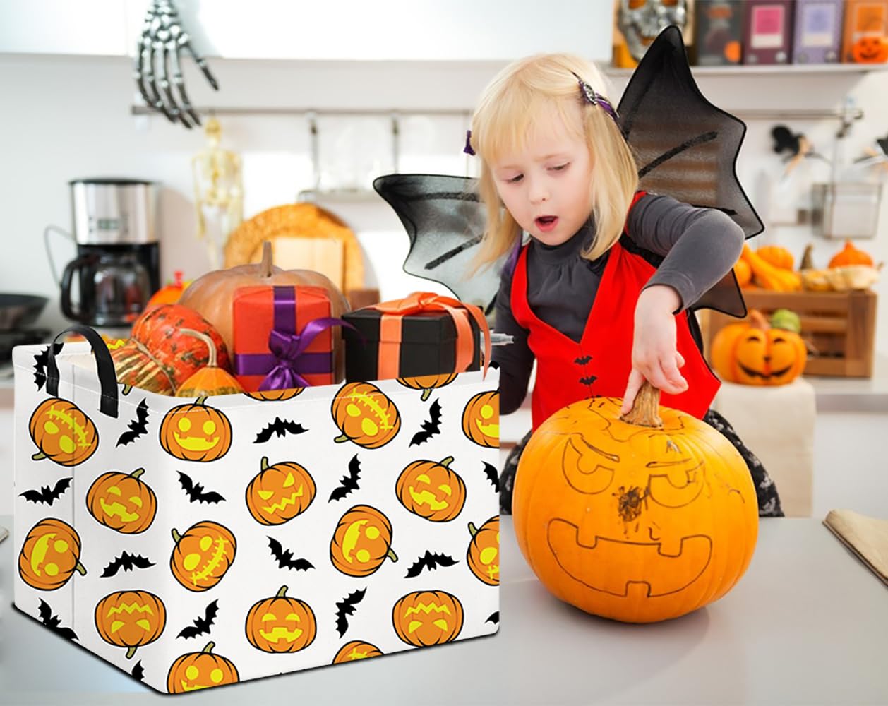 NTAOHAMPER Rectangular Storage Basket Empty, Storage Bin with Handles, Room Decor, Gift Basket, Book Box(Pumpkin Halloween)