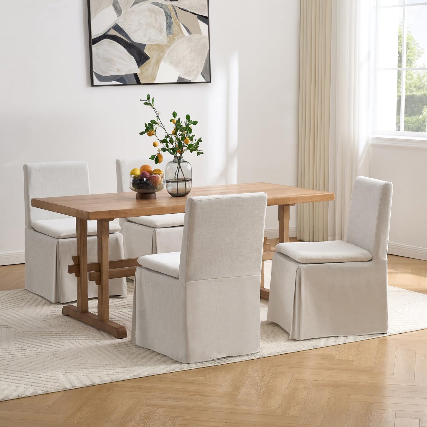 DAYALANE Farmhouse Slipcovered Dining Chairs Set of 4, Modern Upholstered Kitchen & Dining Room Chairs, Comfy White Accent Armless Side Chair for Reading Room Kitchen Dining Room, Chenille