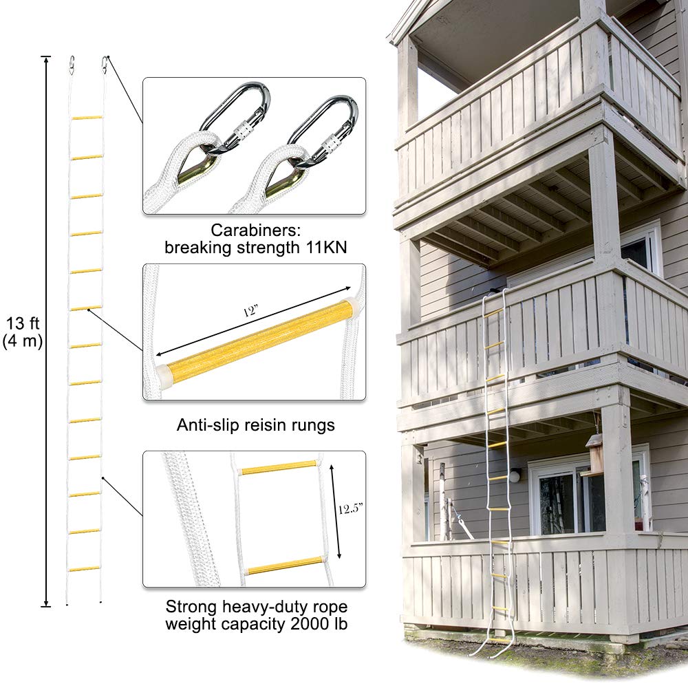 ISOP Two Story Fire Escape Ladder 13 ft Flame Resistant - Emergency Rope Ladder with Spring Hooks - Reusable & Multi-Functional - Weight Capacity up to 2000 Pounds (13ft)