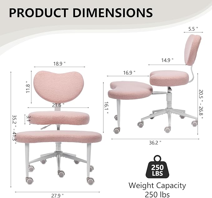 Cross Legged Office Chair with Wheels–360°Swivel Meditation Chair, Adjustable Height Yoga Office Chair for Adults, Ergonomic Kneeling Chair with Back Support for ADHD, Teddy Fabric, Pink