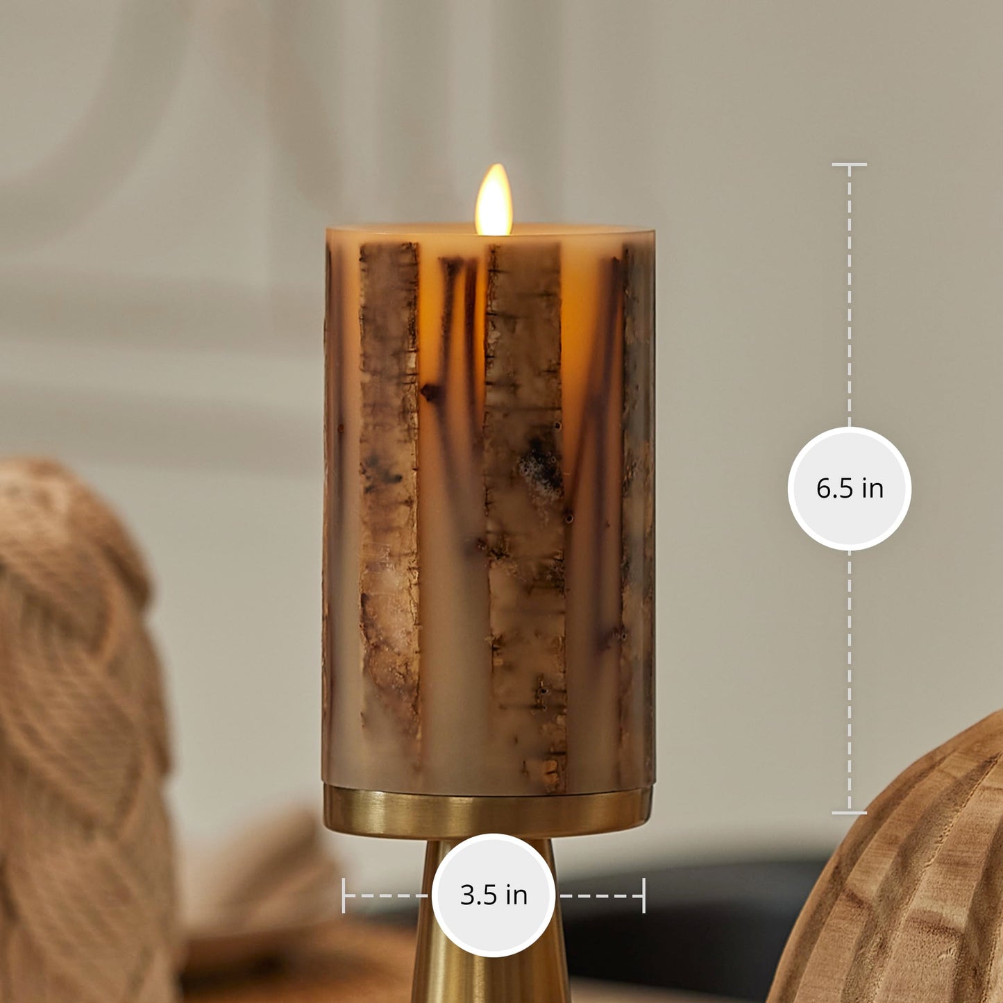 Luminara Embedded Birch Twigs Flameless LED Candle, 3.5" x 6.5", Moving Flame Real Wax Unscented, Battery Operated, Decorative Home Lighting Safe