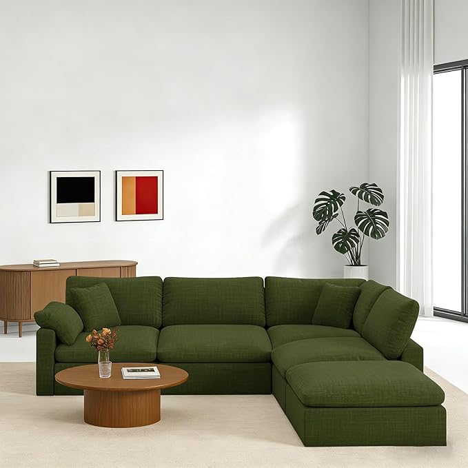 Forest aesthetics 143" Cloud Modular Sectional Sofa,Green Down Filled Sofa 4 Seat with Chaise,Minimalist Sofa Cover Washable and Replaceable Couches for Living Room,Sectional Sofa Deep Seat