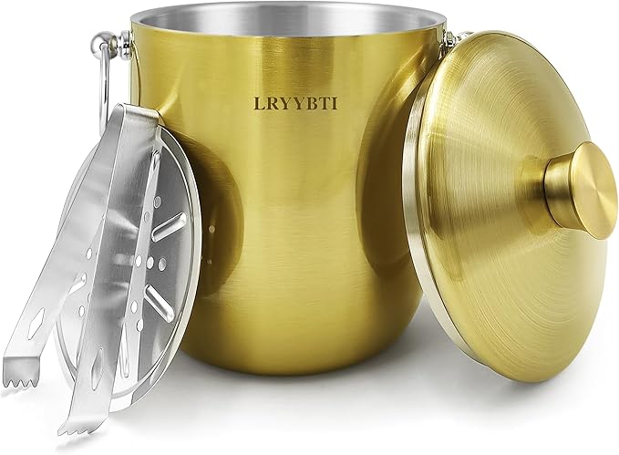 LRYYBTI Ice Buckets for Parties with Lid,Tongs and Strainer (3L/Gold) Double Wall Stainless Steel Ice Bucket Keeps Frozen ...