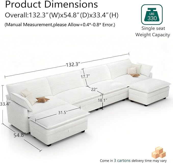 OhaiAura Modular Sectional U Shaped Sofa Couches with Storage Ottoman, Cloud Couch for Living Room, Comfy Sofa with Pillow, White