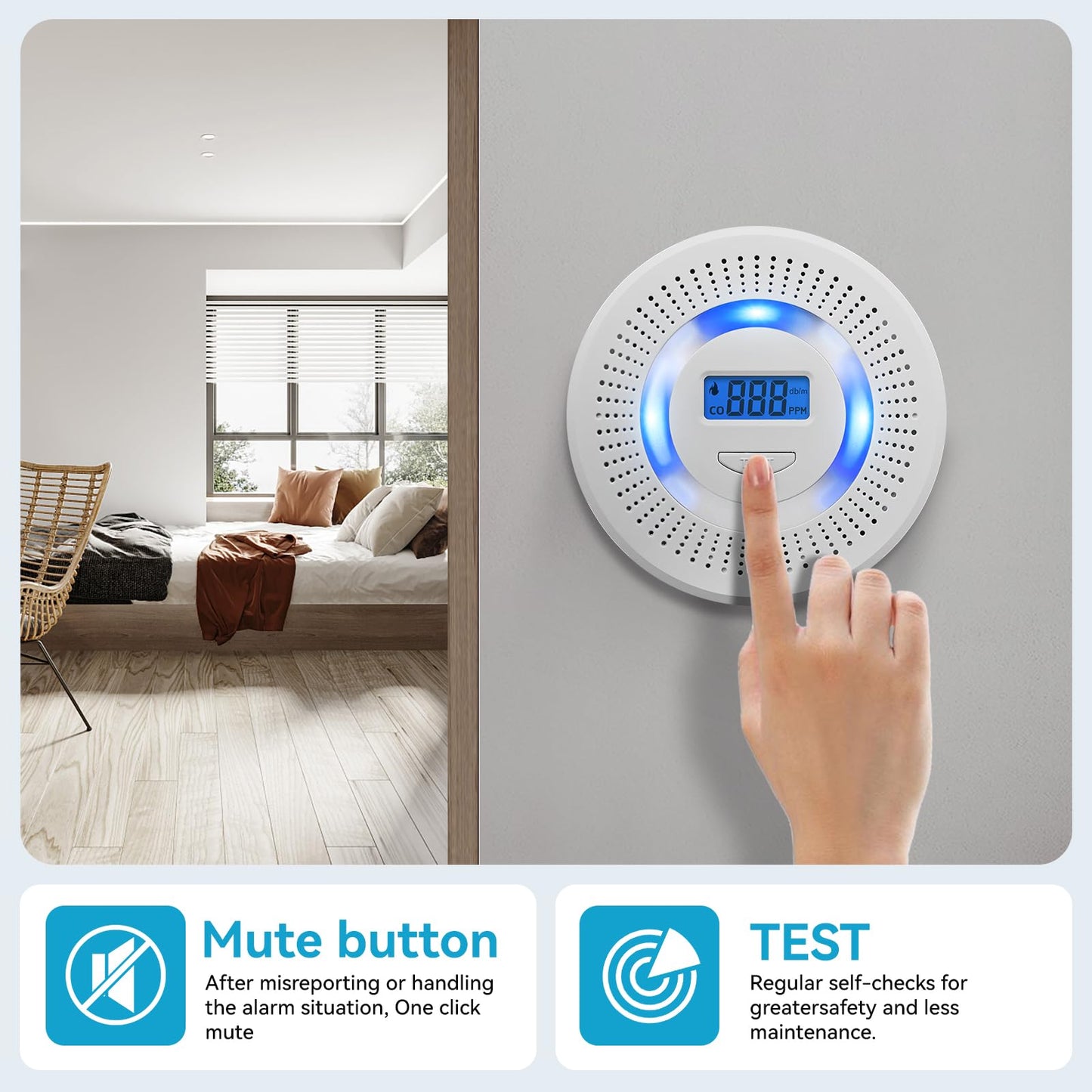 Smoke Detector Carbon Monoxide Gas Alarm, Fire Carbon Monoxide (CO) Detector 2 in 1 with Digital Display and Sound Light Alarm, Battery Operated Suitable for Bedroom Warehouse Kitchen or RV Travel