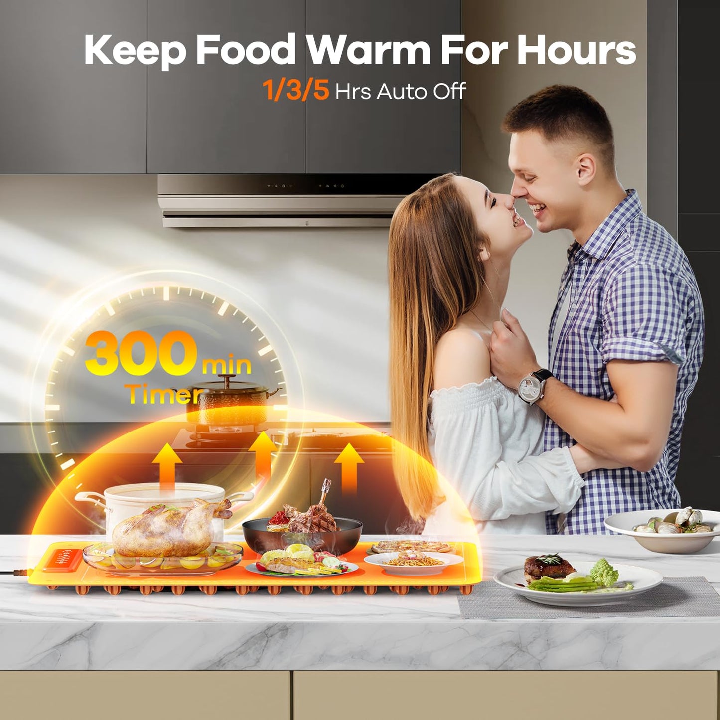 Food Warming Mat for Buffet,Electric Warming Tray with 4 Temperatures Setings and 1/3/5h Timer,Full Surface Heating Food Warmers for Parties Buffets Holidays Daily Use to Keep Food Warm(Orange)