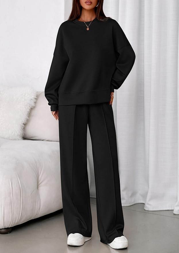 PRETTYGARDEN 2 Piece Sets For Women Fall Trendy Long Sleeve Sweatshirt Wide Leg Pants Loungewear Set Matching Sweatsuit