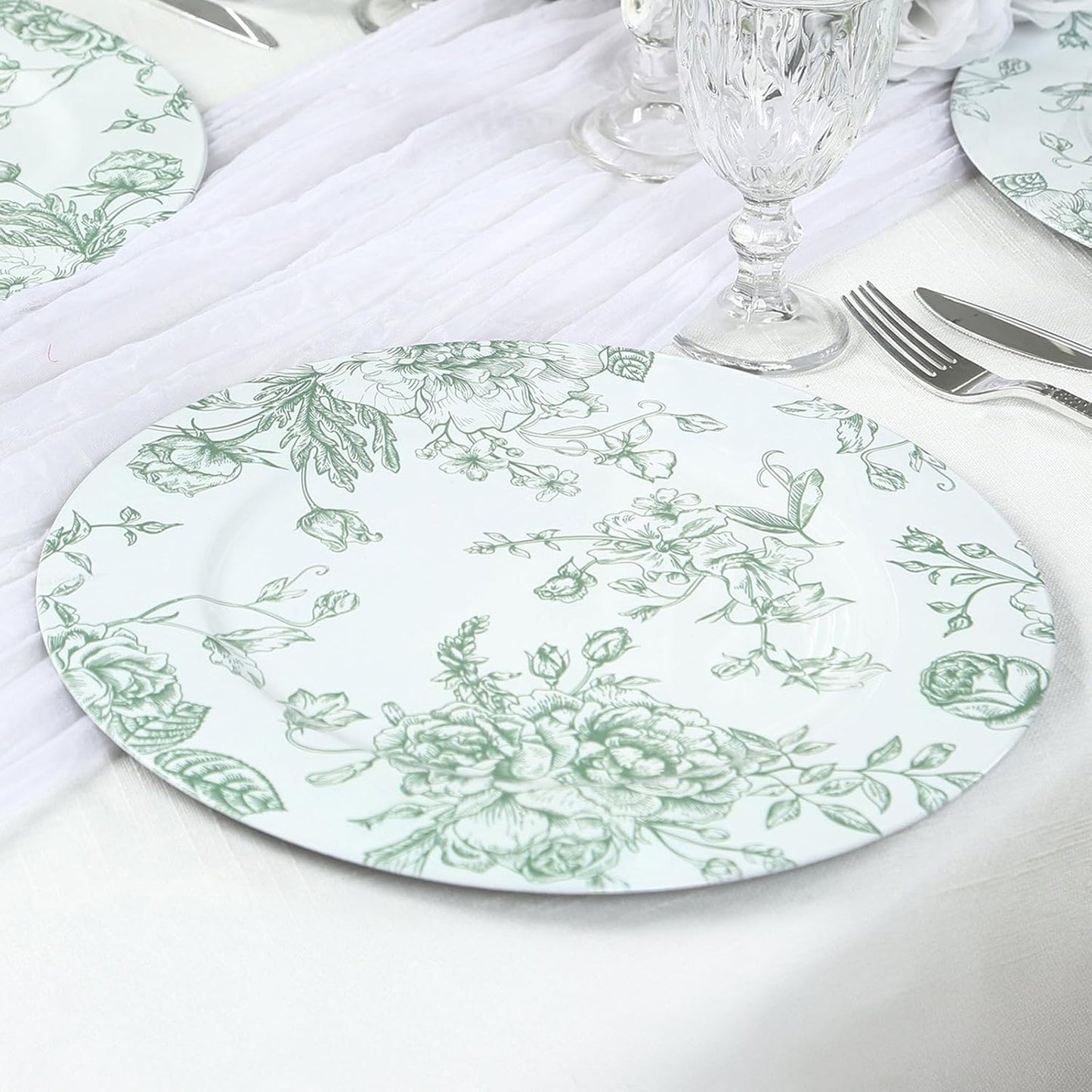Efavormart 6 Pack Floral Acrylic Charger Plates in French Toile Pattern, White Sage Green Round Dinner Charger Event Tabletop Decor - 13"