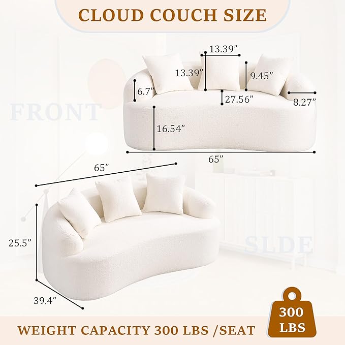 65'' Modern Curved Cloud Loveseat Sectional Sofa for Small Spaces, Luxury Plush Chenille Deep Seat Couch with 3 Pillows, No Assembly Needed Apartment Living Room Furniture, Beige